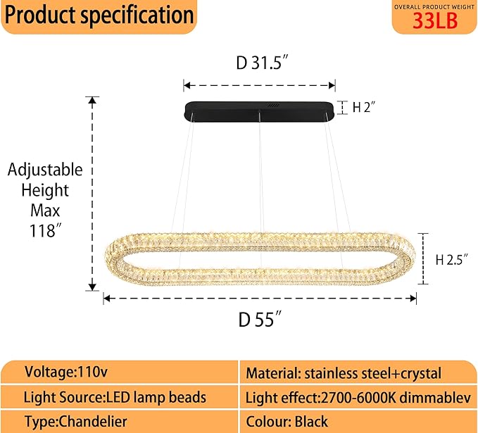 Large Led Ring Chandelier for Living Room Modern 55in Black Linear Oval Chandeliers Over Table Crystal Ring Pendant Light for Dining Room Dimmable 3000K-6000K
