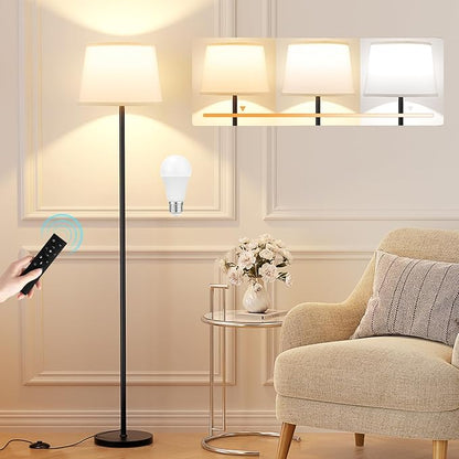 Raexpectis Modern Floor Lamp with Adjustable Brightness, Remote Control, Black, LED Bulbs, White Shade, Foot Switch, Easy Assembly