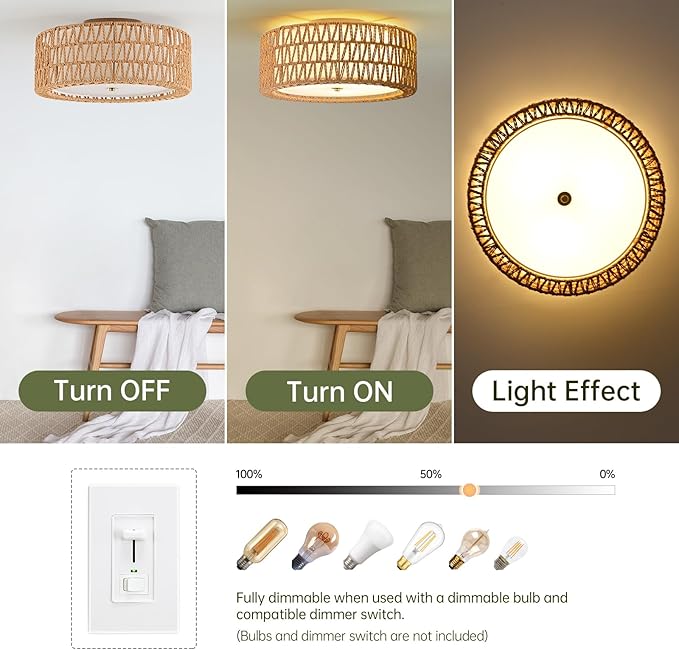 Boho Rattan Ceiling Light 15.7" Flush Mount Ceiling Light 3-Light Rattan Light Fixture, Bohemian Semi Flush Mount Ceiling Light Bedroom Ceiling Light for Dining Room Hallway Entryway Foyer