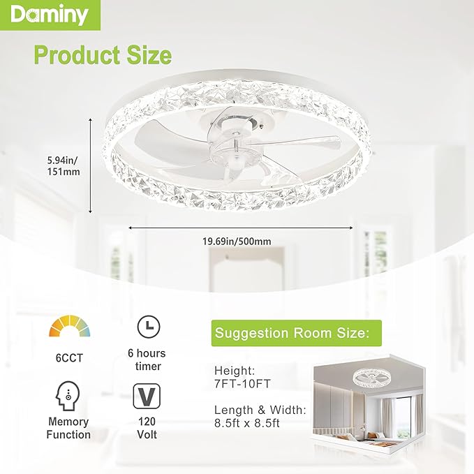 DAMINY Ceiling Fans with Lights and Remote, 6CCT,Dimmable Low Profile Ceiling Fan with Light, Flush Mount Bladeless Ceiling Fan,6 Speeds,20 inch Black Modern