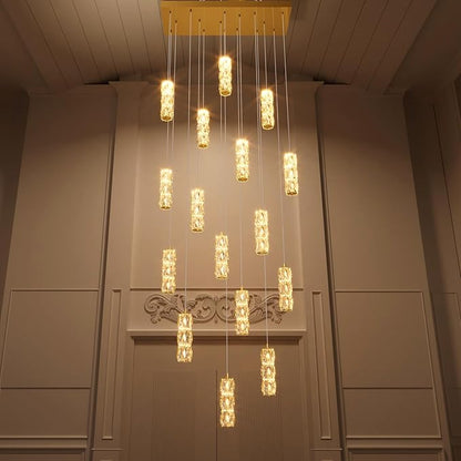 ykolupty Modern Rectangle Chandelier 16-Lights Crystal Chandeliers LED Dimmable Gold Linear Chandelier Flush Mount Crystal Pendant Light for Living Room Dining Room Foyer