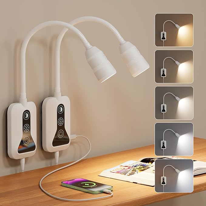 Wall Mounted Reading Light for Bed, Headboard Light with 360° Flexible Arm, Hand Wave Sensor, Focused 60° Beam, 5 Color Temperatures, Stepless Dimming, Memory Function, USB-C Output, White 2 Pack