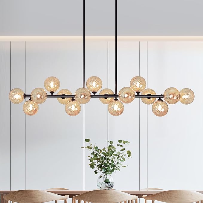 Linear Sputnik Chandelier, 55" Dining Room Light Fixture Modern Chandelier with Amber Swirled Globe 16 Lights Long Chandeliers for Dining Room Kitchen Island Large Chandelier for High Ceilings