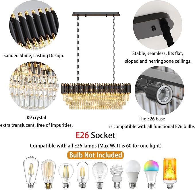 40" 10-Light Modern Black Gold Crystal Chandelier, Luxury Rectangular Raindrop Pendant Light Fixture for Dining Room, Kitchen Island, Living Room, Farmhouse Ceiling Lighting