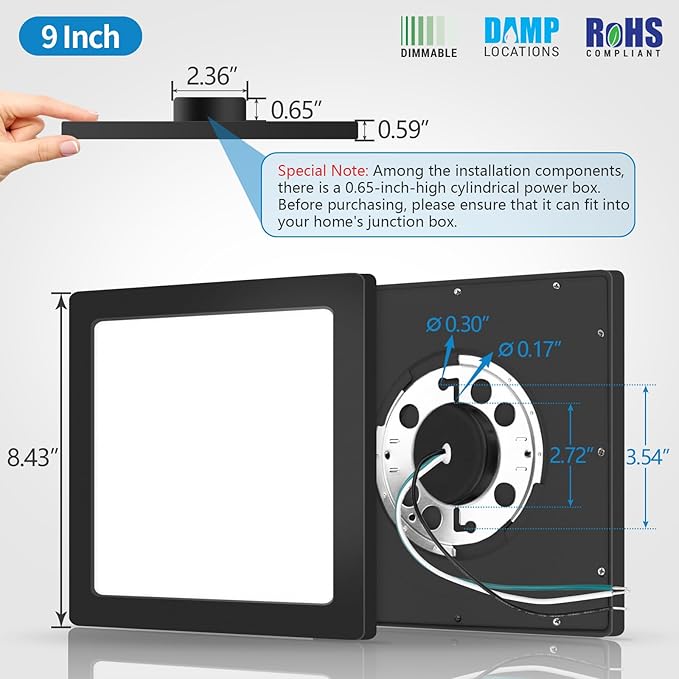 mw 4 Pack 9 Inch Square Black Ceiling Light, 18W, 120V, 3000K/4000K/5000K, Dimmable Slim LED Ceiling Light, Low Profile Fixtures for Bedroom, Kitchen, Hallway, Laundry, ETL Listed, Each Side is 8.43"