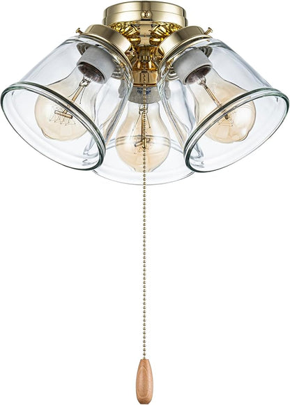 Aspen Creative 22015-1, Three-Light Ceiling Fan Light Kit with Pull Chain, Polished Brass Finish with Clear Glass Shades, 13-1/8" Diameter x 6-3/4" Height