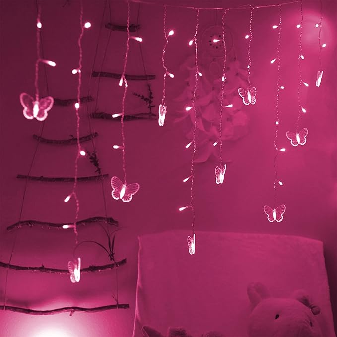 Butterfly Curtain Lights, 4.9ft 48 LED USB Window Fairy Lights 10 Butterflies 8 Modes Firefly Twinkle String Lights for Room Bedroom Wall Ceiling Party Wedding Christmas (Pink)