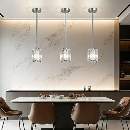 Pendant Lights Kitchen Island 3 Pack, Adjustable High Brushed Nickel Modern Crystal Mini Chandelier Ceiling Hanging Pendant Light Fixtures for Kitchen Hallway Dining Room Bedroom
