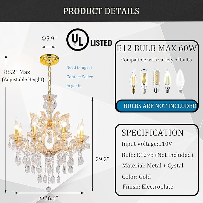 Modern Gold Chandelier Maria Theresa Crystal Chandelier 8 Lights Luxury Top K9 Crystal Chandelier Lighting Fixture for Dining Room, Bedroom, Living Room, Kitchen Island, Foyer