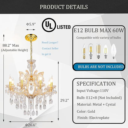 Modern Gold Chandelier Maria Theresa Crystal Chandelier 8 Lights Luxury Top K9 Crystal Chandelier Lighting Fixture for Dining Room, Bedroom, Living Room, Kitchen Island, Foyer