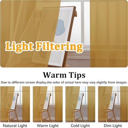 Gwine Gold Sheer Curtains 63 Inch Length for Living Room 2 Panels, Light Filtering Rod Pocket Window Curtain Treatment for Bedroom, Voile Elegant Sheer Drapes，Each 42" Wx63 L, Gold