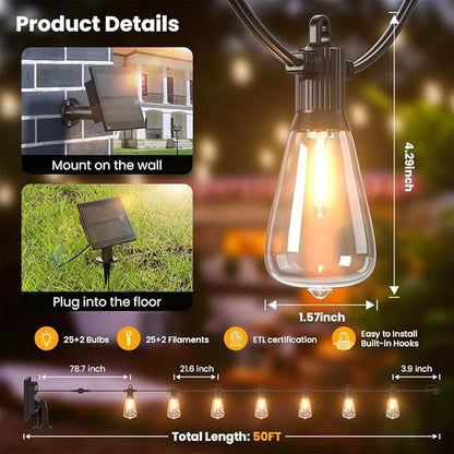 50FT Solar String Lights Outdoor Waterproof IP65 with USB-Charging , Solar Powered LED Patio Lights with 25+2 Shatterproof ST38 Edison Bulbs, Hanging Lights for Outside Backyard Garden Bistro Gazebo
