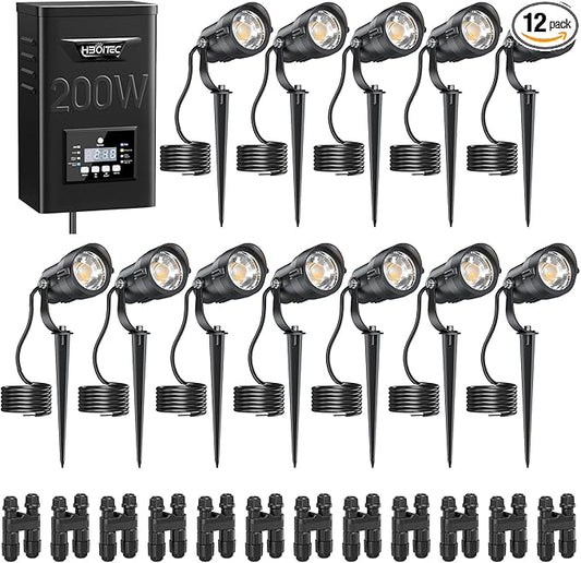 HIBOITEC 12W Landscape Lighting Kit with 200W Low Voltage Transformer, Dusk to Dawn & Timer, 2900K Wired Waterproof LED Outdoor Spotlights for Yard Garden Tree House, Wire Sold Separately, 12 Packs