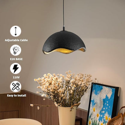 JAYMP 15.7" Modern Pendant Light for Dining Room Kitchen Island Hanging Lamp E26 Base Japanese Wabi-Sabi Style Bird Nest Shape Lighting Fixture, 1 Pack (Black + Gold,D Shape, 40cm/15.7inch)