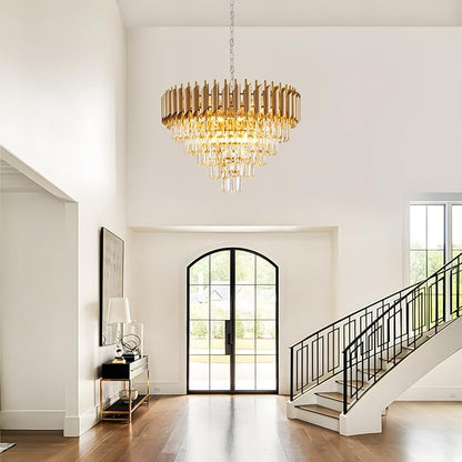 Gold Crystal Chandelier 24" Modern Living Room Chandeliers, K9 Crystal Ceiling Lights Fixtures, Round 5 Tiers Pendant Lighting Large Chandelier for Entryway Dining Room Staircase