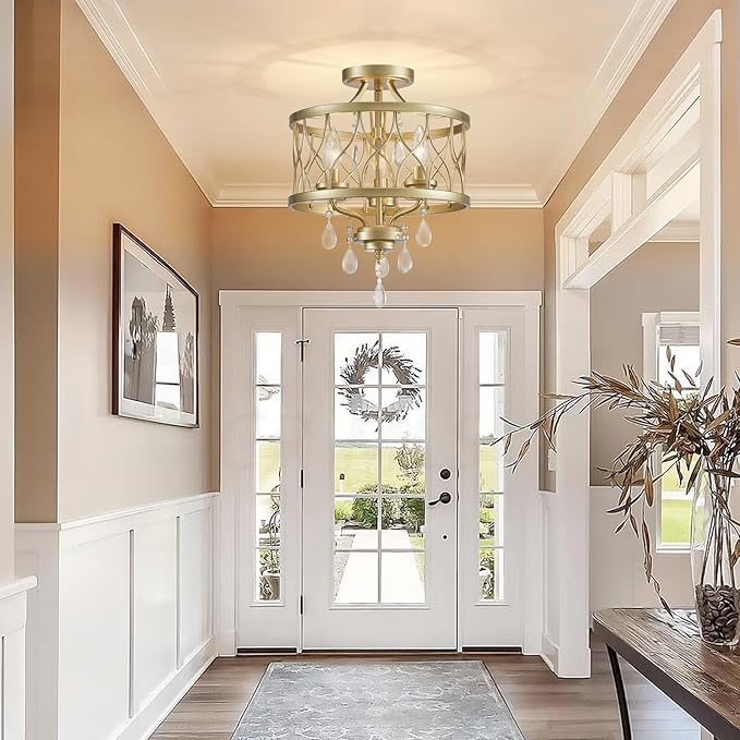 Farmhouse Crystal Ceiling Light Fixture, 3-Light Semi Flush Mount Crystal Chandelier Light Fixture Rustic Vintage Gold Pendant Ceiling Lamp for Hallway Corridor Kitchen Entryway Bedroom Living Room