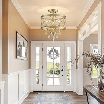 Farmhouse Crystal Ceiling Light Fixture, 3-Light Semi Flush Mount Crystal Chandelier Light Fixture Rustic Vintage Gold Pendant Ceiling Lamp for Hallway Corridor Kitchen Entryway Bedroom Living Room
