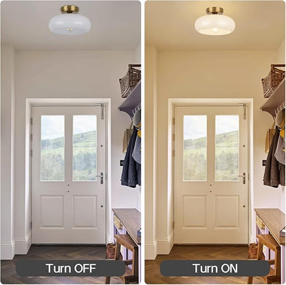 Semi Flush Mount Ceiling Light Fixture, 11'' Vintage Mid-Century Gold with White Milk Glass Shade, Modern Farmhouse Lighting for Kitchen, Hallway, Bedroom, Foyer, Laundry Room, Schoolhouse