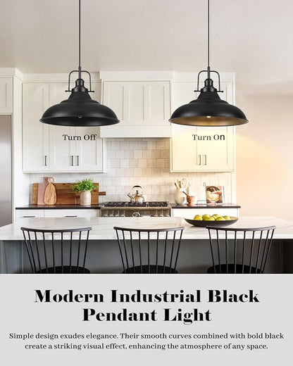Black Pendant Light Kitchen Island,16 Inch Large Industrial Pendant Lights, Matte Black Pendant Lights, Vintage Farmhouse Pendant Light for Kitchen Island, Dining Room, Hallway (3 Packs)