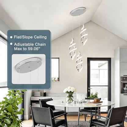 Modern Led Pendant Light Fixture, 45W Chrome Spiral Led Chandelier Hanging Lamp, 4500K Daylight White Pendant Lamp, Adjustable Height Pendant Light for Dining Room Bedroom Kitchen Island (3 Light)