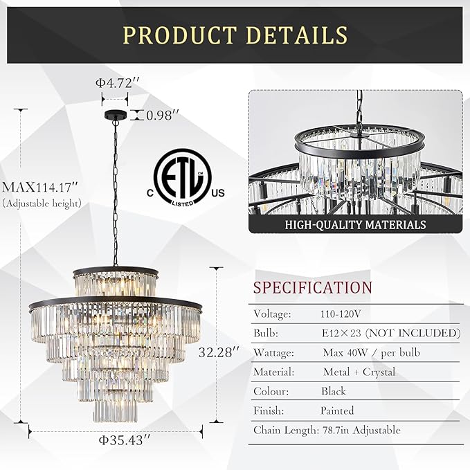 CATINER Large Crystal Chandeliers 23 Lights 36" Modern Black Luxury Chandelier for Foyer Staircase Chandeliers 6 Tiers Round K9 Ceiling Pendant Lighting Fixture for Living Dining Room