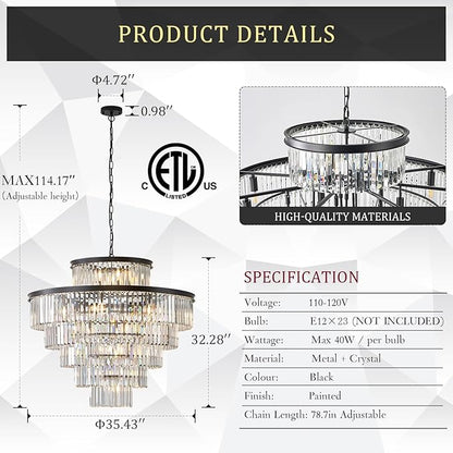 CATINER Large Crystal Chandeliers 23 Lights 36" Modern Black Luxury Chandelier for Foyer Staircase Chandeliers 6 Tiers Round K9 Ceiling Pendant Lighting Fixture for Living Dining Room