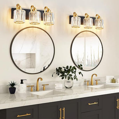 Modern Crystal Bathroom Vanity Lights, Black and Gold 3-Lights Bathroom Light Fixtures Over Mirror, Crystal Wall Lighting for Mirror Bedroom Living Room (Exclude Bulb)