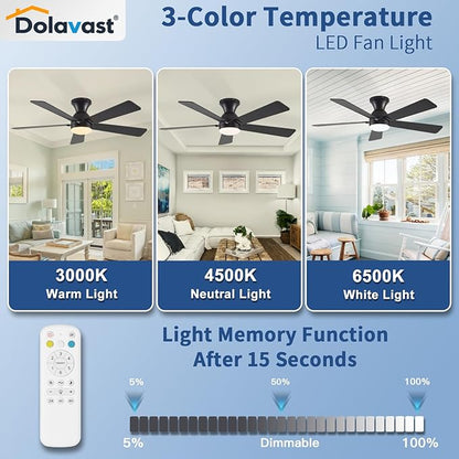 Ceiling Fans with Lights and Remote, 48 Inch Ceiling Fan with Light, Low Profile Reversible Fandelier Ceiling Fan, Dimmable LED, Flush Mount, Quiet DC Motor, for Bedroom Kitchen Dining Room