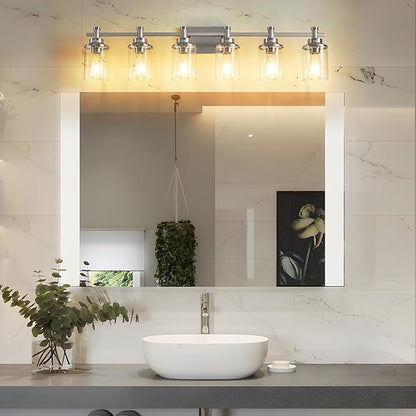 6-Light Bathroom Vanity Light, Brushed Nickel Fixtures Over Mirror, Wall Mount with Clear Glass Shade, Modern Wall Sconce