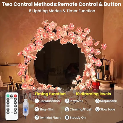 Cherry Blossom Tree Branch Lights for Wall,Cherry Enchanted Willow Vine Lights,with 96 LED and 8 Lighting Modes,Remote Timer,for Bedroom Wall Doors Windows Wedding Christmas Holiday (71inch)