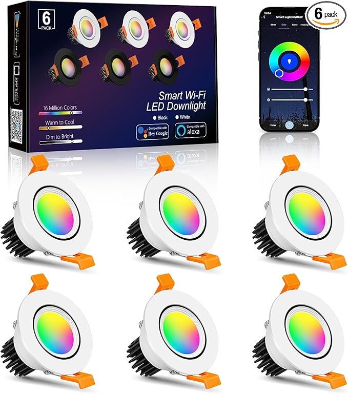 Smart WiFi 2 Inch LED Downlight, 5W RGBCW Recessed Light 2700K-6000K, Dimmable COB Color Changing, Compatible with Alexa/Google, LED Driver Included, 6 Pack