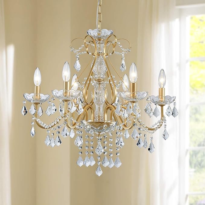 Bestier Gold Vintage Candle Chandelier Crystal Lighting Fixture Lamp for Dining Room Bathroom Foyer Livingroom 6 E12 Bulbs Required D24 in x H26 in