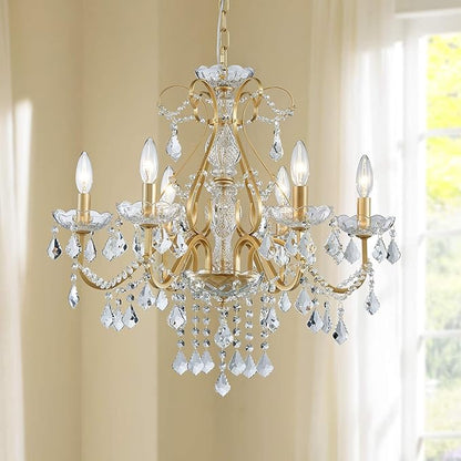 Bestier Gold Vintage Candle Chandelier Crystal Lighting Fixture Lamp for Dining Room Bathroom Foyer Livingroom 6 E12 Bulbs Required D24 in x H26 in