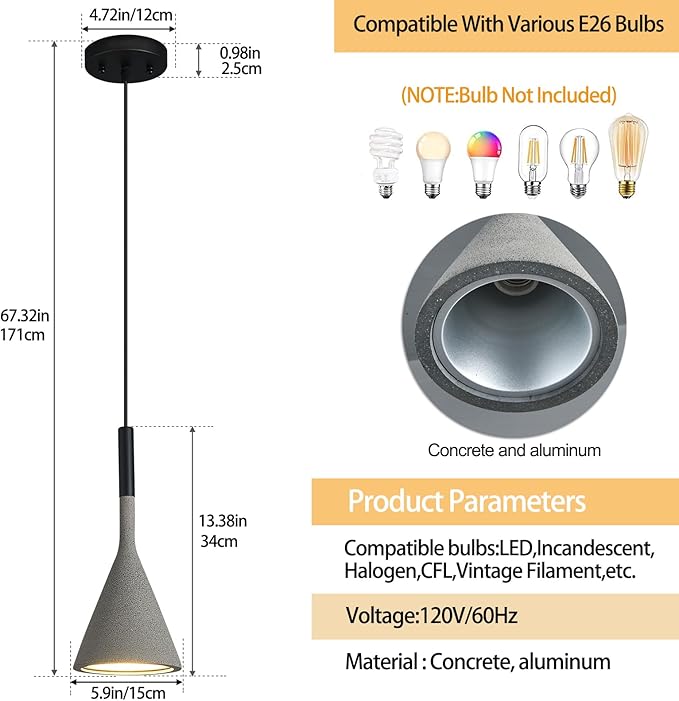 Farmhouse Black Pendant Light Fixtures 1-Light Concrete Industrial Kitchen Island Pendant Lighting for Dining Room Bedroom Hallway Pendant Ceiling Lamp
