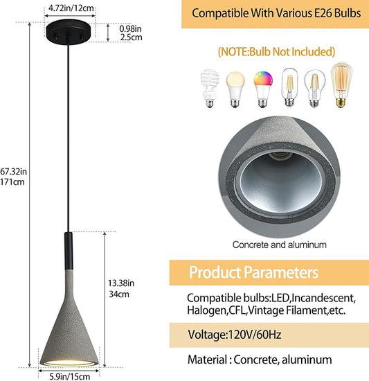 Farmhouse Black Pendant Light Fixtures 1-Light Concrete Industrial Kitchen Island Pendant Lighting for Dining Room Bedroom Hallway Pendant Ceiling Lamp