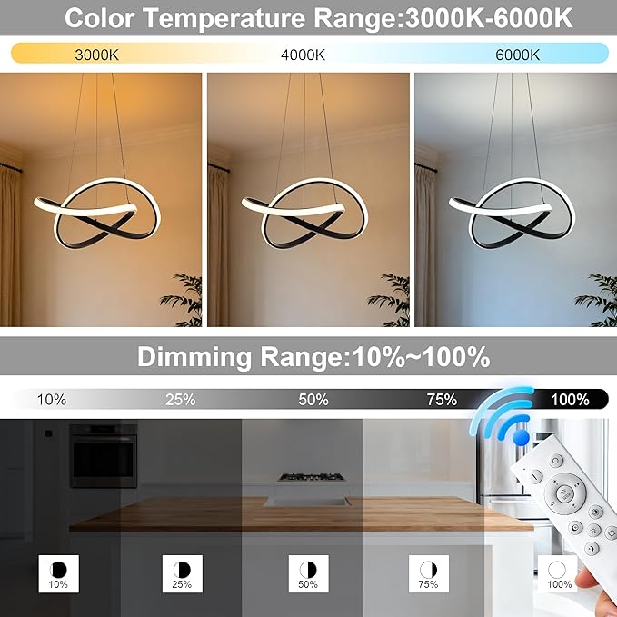 MAYNA Modern LED Pendant Light with Remote Control, 3-Color Dimmable Contemporary LED Chandelier with Irregular Ring Lights, Modern Chandeliers for Dining Room Kitchen, Black 25.6 inch