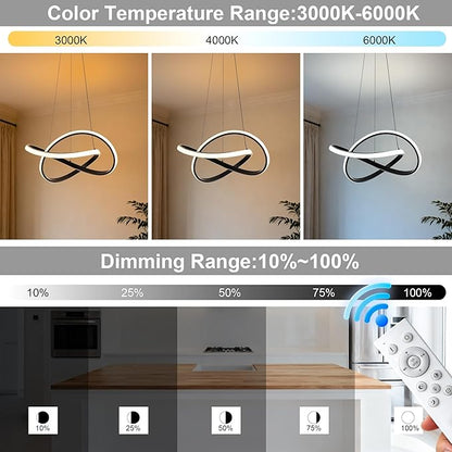 MAYNA Modern LED Pendant Light with Remote Control, 3-Color Dimmable Contemporary LED Chandelier with Irregular Ring Lights, Modern Chandeliers for Dining Room Kitchen, Black 25.6 inch