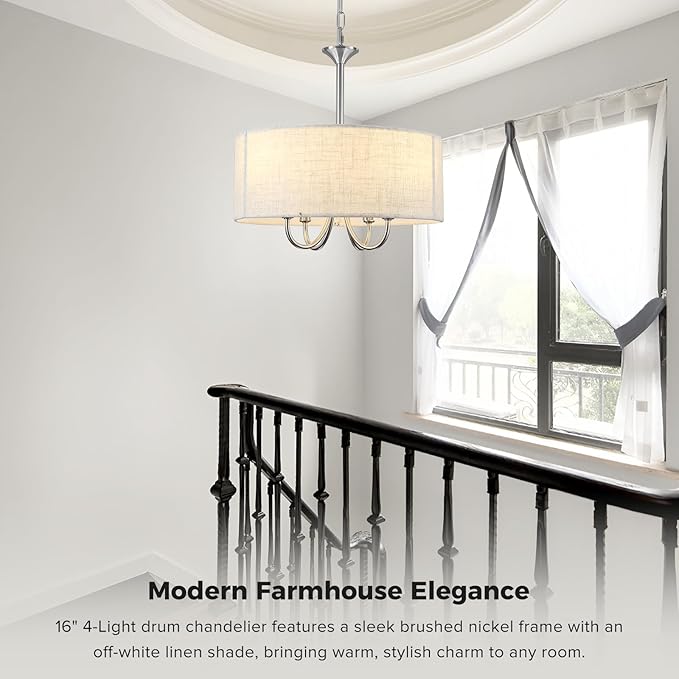 Drum Chandelier for Dining Room, 4-Light Modern Farmhouse Brushed Nickel Chandelier with Linen Drum Shade, 16" Hanging Pendant Ceiling Light Fixture for Kitchen Island Bedroom Living Room