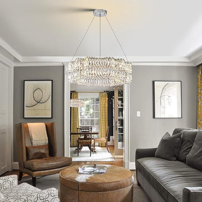 Modern Crystal LED Chandelier 32’’ with Remote Control Dimmable 3000-6500K Contemporary Chrome Luxury Chandeliers Light Fixture for Living Dining Room Bedroom Kitchen Island Foyer Entryway