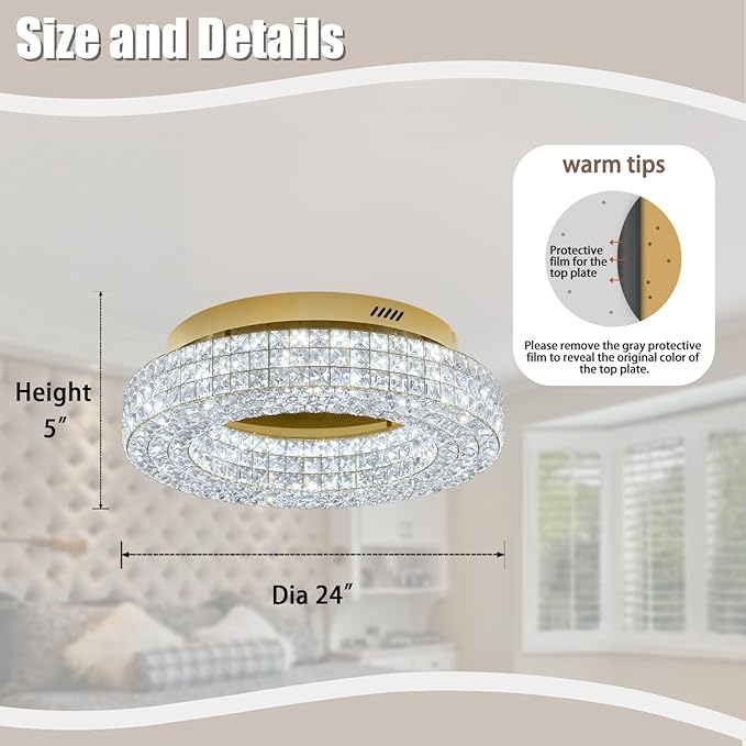 ykolupty 24" Crystal Chandeliers,Round Chandelier for Living Room Modern Ceiling Light Fixture Lamp for Foyer Bedrooms Dining Room Hallway(Gold Chandelier)