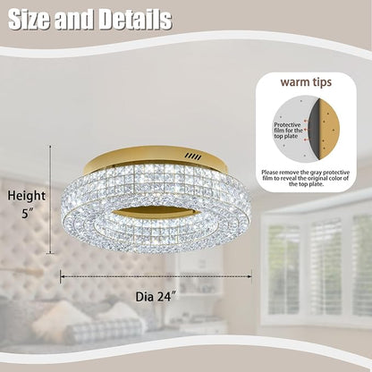 ykolupty 24" Crystal Chandeliers,Round Chandelier for Living Room Modern Ceiling Light Fixture Lamp for Foyer Bedrooms Dining Room Hallway(Gold Chandelier)