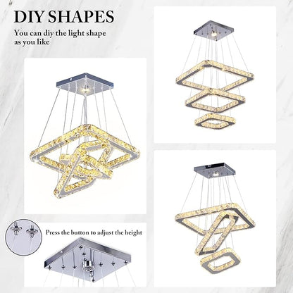 Modern Crystal Chandelier LED Ceiling Light, Square 3-Ring Height Adjustable 47W K9 Crystal Pendant for Dining Room, Living Room, Bedroom, Foyer, Warm White 3000K