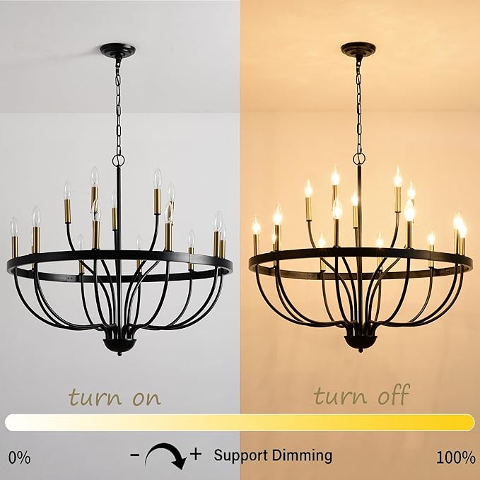 Modern Farmhouse Chandelier for Dining Room 15 Lights, Industrial Black and Gold Lighting Fixture, Candle Pendant Light for Kitchen Island High Ceilings Living Room Hallway Entryway Foyer