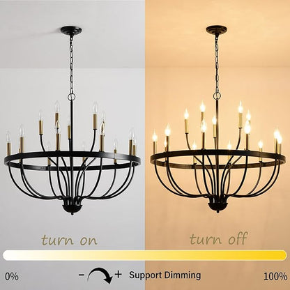 Modern Farmhouse Chandelier for Dining Room 15 Lights, Industrial Black and Gold Lighting Fixture, Candle Pendant Light for Kitchen Island High Ceilings Living Room Hallway Entryway Foyer