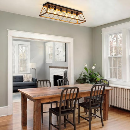 38” Large Flush Mount Ceiling Light Fixture, 6-Light Vintage Industrial Flush Mount Chandelier with Cage Design, Walnut Finish Farmhouse Lighting for Dining Room Kitchen Island Living Room Hallway