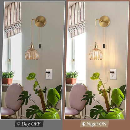 Plug-in Wall Sconce (Set of 2), Vintage Wall Decorative Lamp with Amber Glass Shade, Indoor Plug-in Wall Sconce for Bedroom, Living Room, Hallway