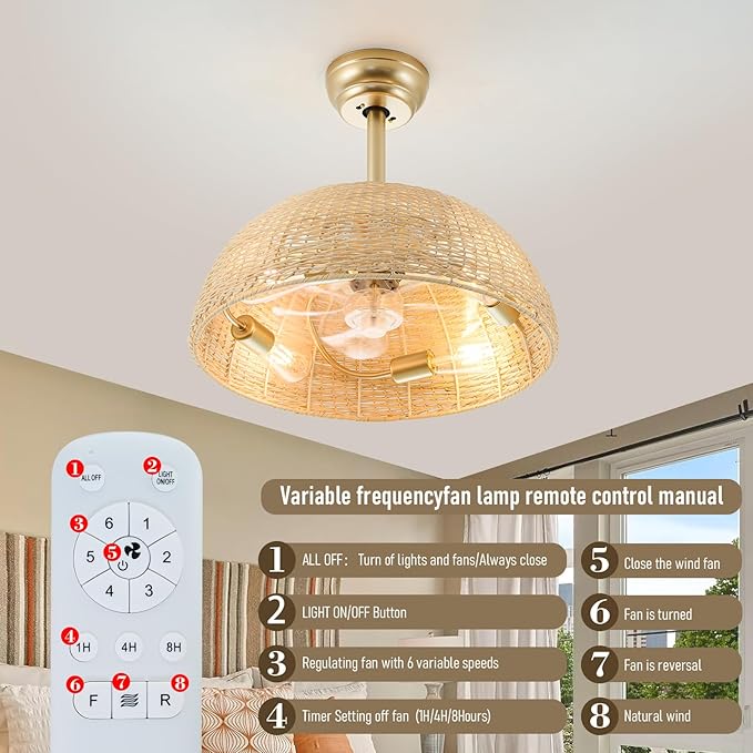 19.3" Rattan Caged Ceiling Fan with Lights 4-Lights Boho Flush Mount Bamboo Fandelier with Remote Reversible Farmhouse Wicker Fan Chandelier for Bedroom Living Room Dining Room Entryway