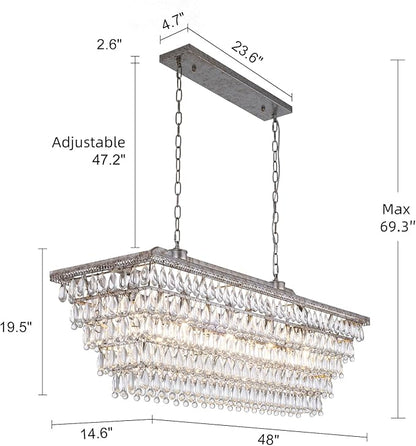 Wellmet Dining Room Crystal Rectangle Chandelier, 48 Inch Antique Silver, 9 Lights Farmhouse Chandelier for High Ceiling, Kitchen Island, Living Room, Entryway