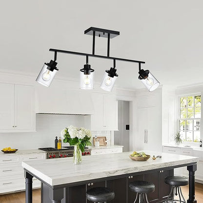 4 Lights Ceiling Light Fixtures with Flexibly Rotatable Light Head Black Bathroom Lights Modern Complete Track Lighting Kits with Clear Glass Shade, E26 Base