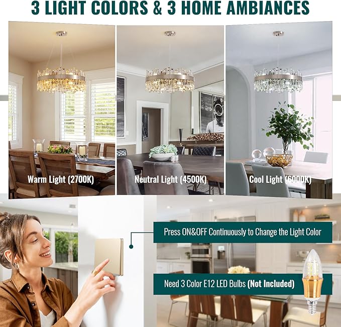 Siljoy Modern Crystal Chandelier 12-Light Brushed Nickel Luxury 2-Tiers K9 Crystal Raindrop Chandelier Dimmable Crystal Ceiling Light for Dining Living Room Kitchen Entryway Foyer D23.6''